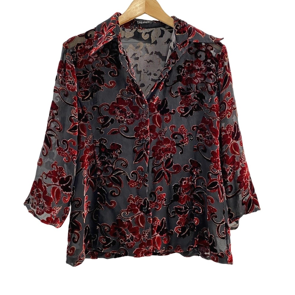 Tahari Womens Floral Velvet Burnout Silk Blend Button Up Top size 8 Whimsigoth